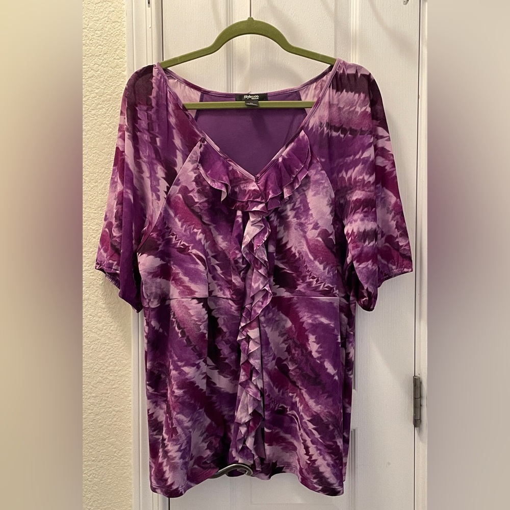 Style & Co. Purple Ruffled Short Sleeve Blouse